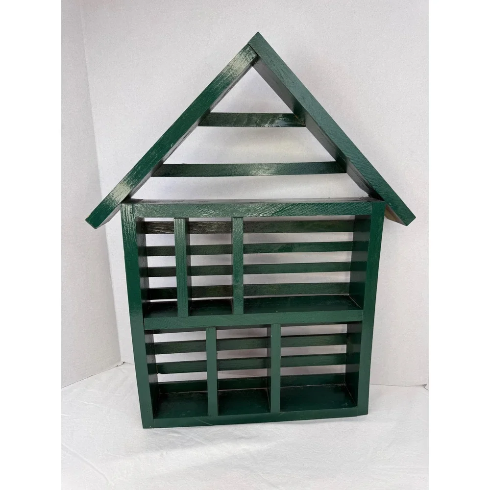 Vtg Green Granny Cottage Wooden House Shadow Box Wall Shelf Display Cubby 22.5in